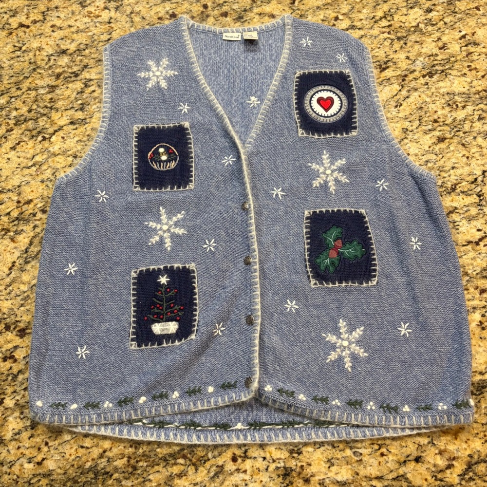 NorthCrest Womens 3X Blue Christmas Snowflake Knit Sweater Vest Vintage ws